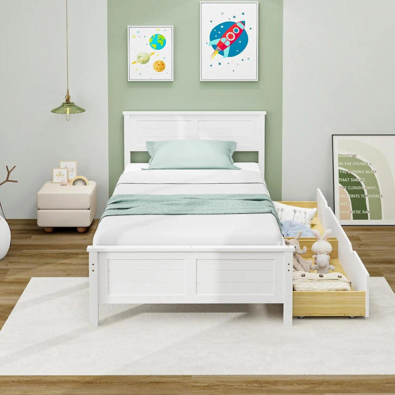 Description Picture 4 of itemWood Twin Bed with 2 Storage Drawers Solid Wood Platform Bed with Headboard Wooden Slats Support Mattress Foundation