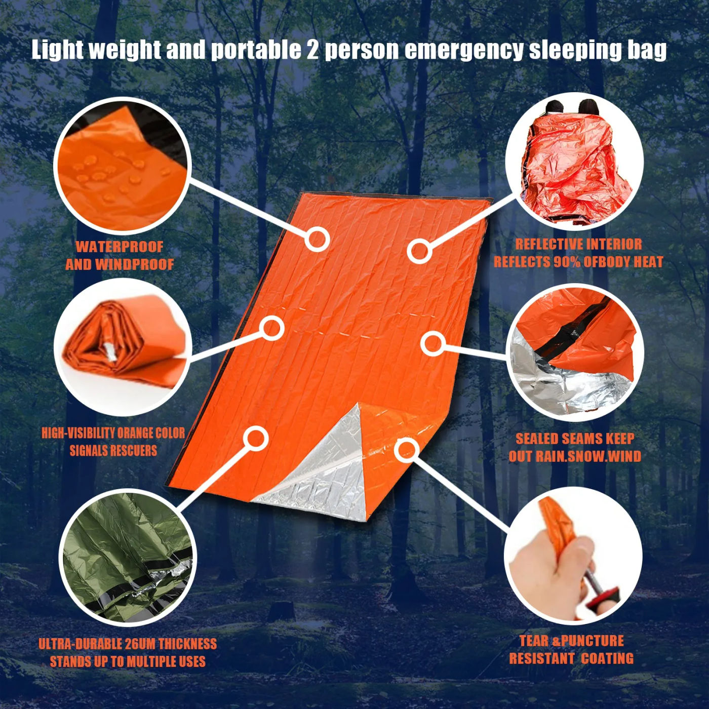 Description Picture 3 of itemPortable Waterproof Emergency Survival Sleeping Bag Outdoor Edc Camping Gear Thermal Sack First Aid Rescue Kit Mylar Blanket