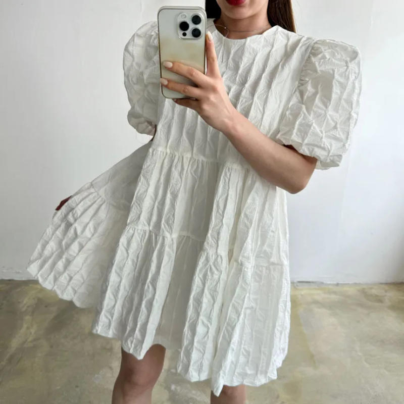 Description Picture 4 of itemREALEFT Spring Summer Vintage Puff Sleeve Women's Dresses 2025 New High Waist O-neck Casual Loose A-line Short Dresses for Women