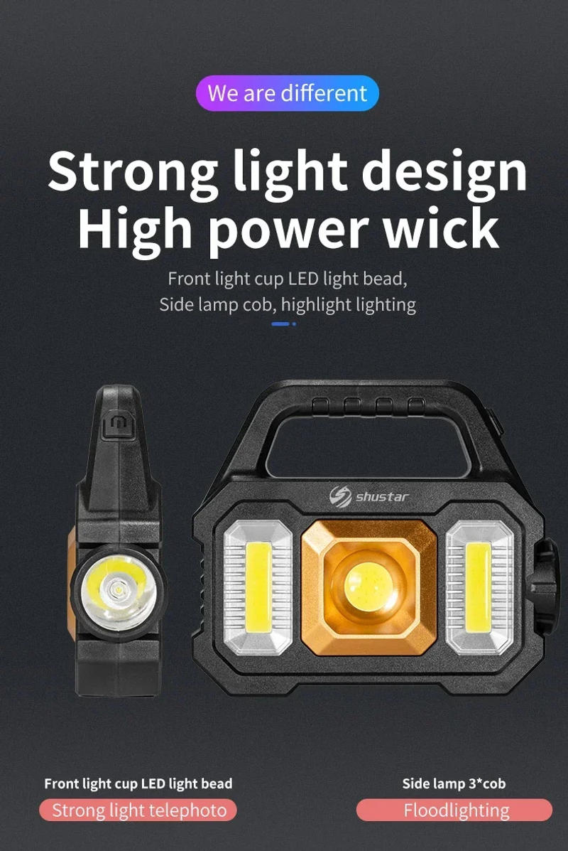 Description Picture 5 of itemHigh Power Led Flashlights Rechargeable Camping Work Light Multi Functional Portable Light Solar Charging 6 Lighting Modes