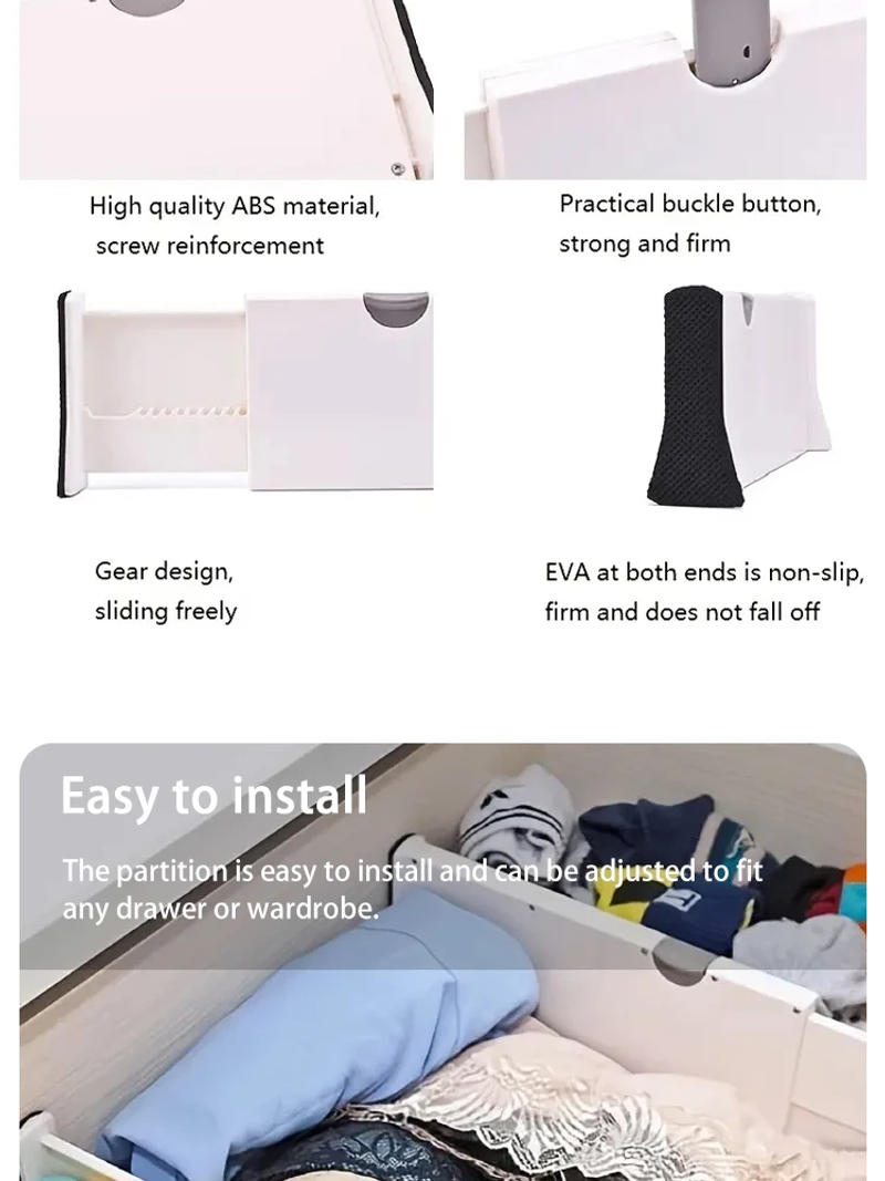 Description Picture 4 of itemAdjustable Extendable Plastic Drawer Divider Thickened Wardrobe Socks No Punching Storage Drawer Divider Kitchen Living Room