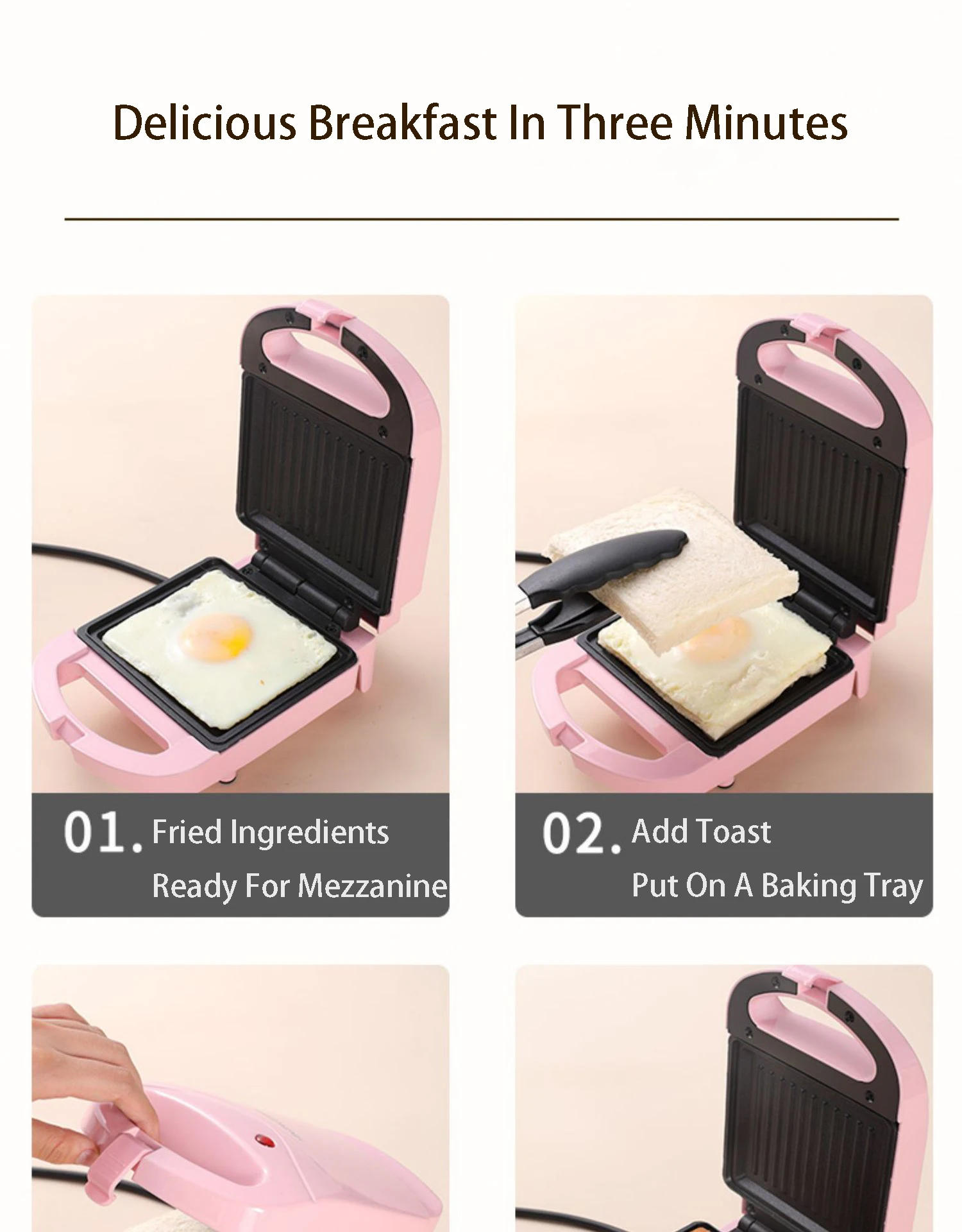Description Picture 5 of itemPortable Electric Sandwich Maker Home Multifunctional Machine Non-Stick Breakfast Maker Waffle Baking Pan Pot Pink Red Color