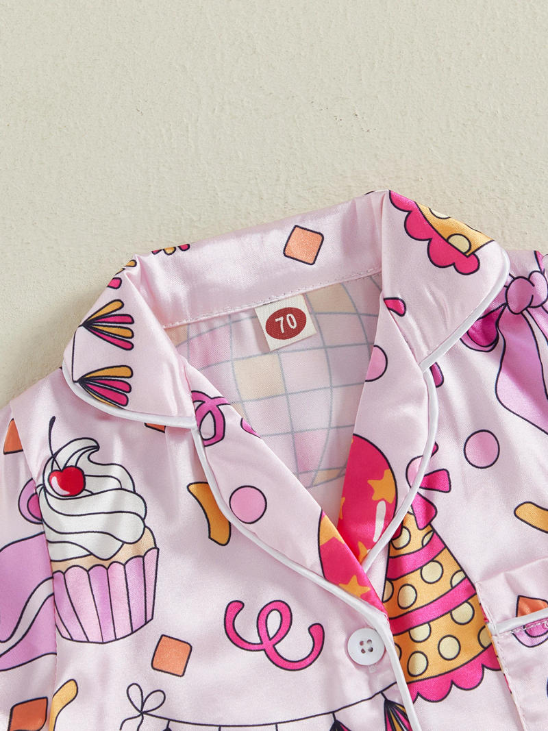 Description Picture 4 of itemBaby Girls Birthday Pajamas Short Sleeve Bow Cake Print Button Closure Jumpsuit Sleepwear Loungewear