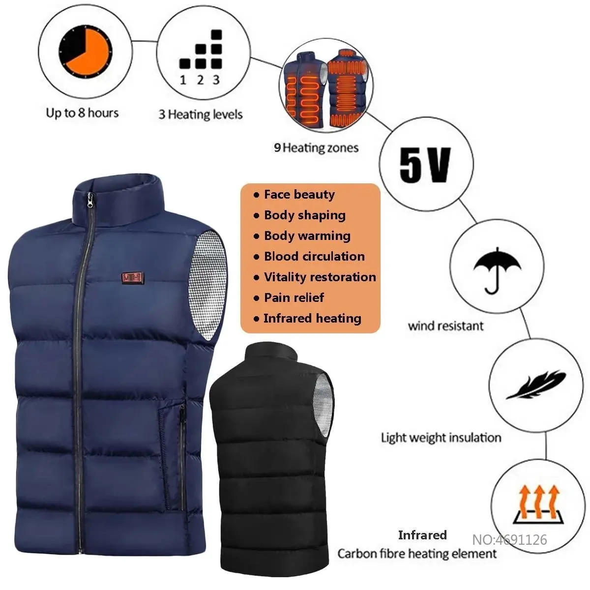 Description Picture 4 of itemMen USB Infrared 13 Heating Areas Vest Jacket Men Winter Electric Heated Vest Waistcoat For Sports Hiking Oversized 6XL