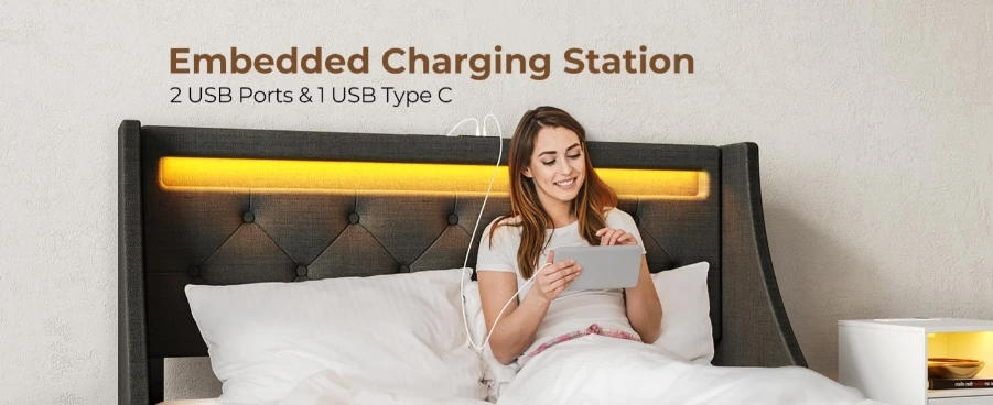 Description Picture 3 of itemUS Twin Bed Frame with LED Lights and Charging Station, Upholstered Bed with Drawers, Wooden Slats, Noise Free, Easy Assembly