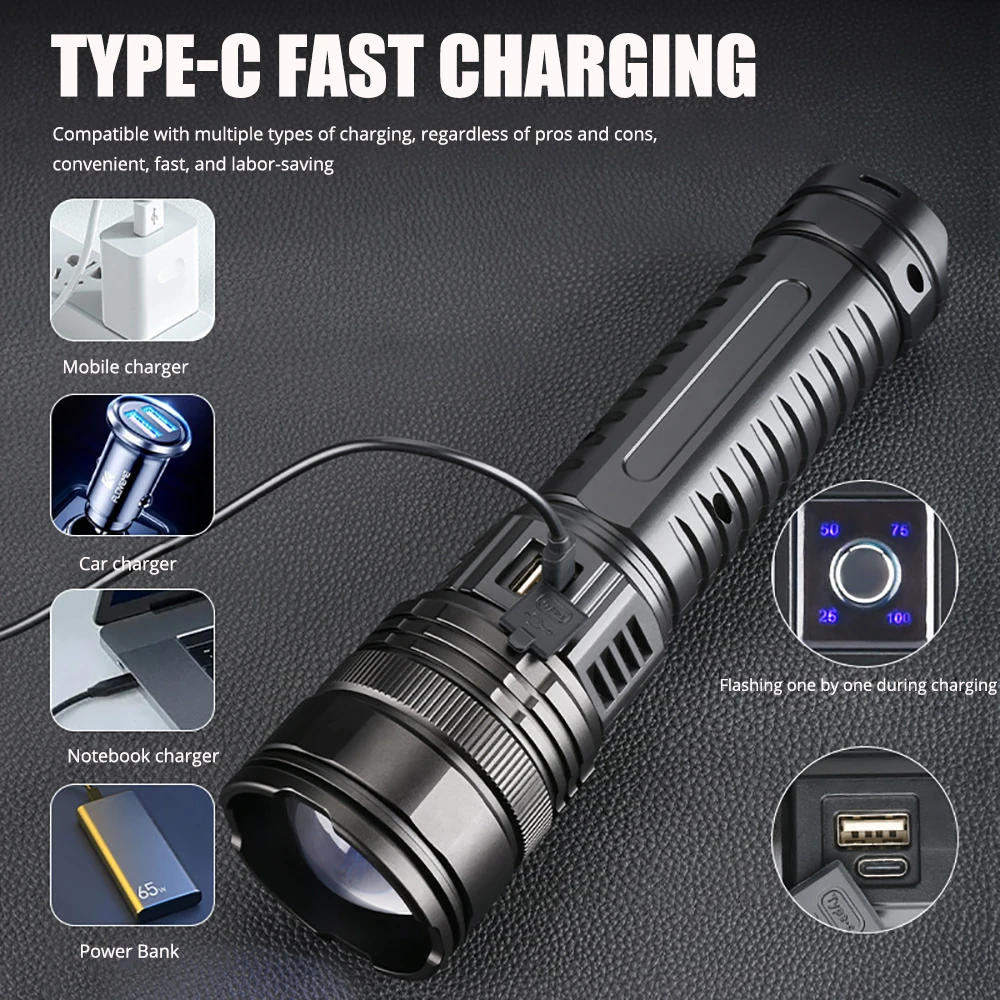 Description Picture 3 of itemUpgraded 9000000LM High Power Led Flashlight Rechargeable Tactical Torch Built-in 15000mAh Battery Ultra Powerful Lantern