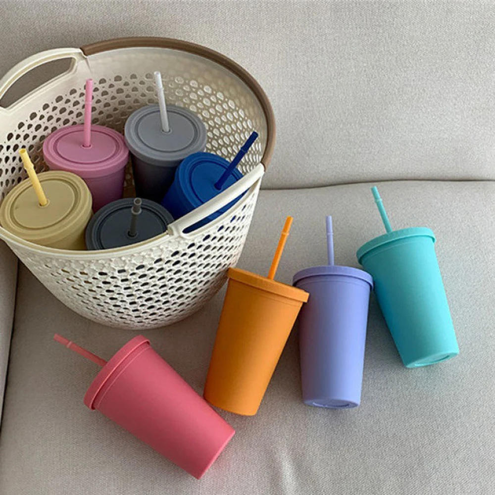 Description Picture 3 of itemDouble-layer Plastic Straw Cup Candy Color Coffee Cup Plastic Frosted Handy Water Cup Easy To Carry Straw Kettle Sports Bottle