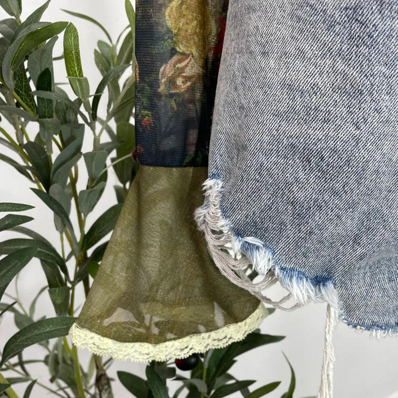 Description Picture 6 of itemVintage Oil Painting Printed Women T-Shirt Harajuku Tie-Dye Slash Neck Pleated Top Korean Chic Long Sleeve Lapel Tees New