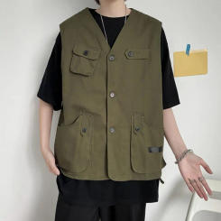 Sports Vest Coat Men Casual Waistcoat Men's Collarless Sleeveless Cargo Waistcoat with Multi Pockets Buttons Closure for Thin
