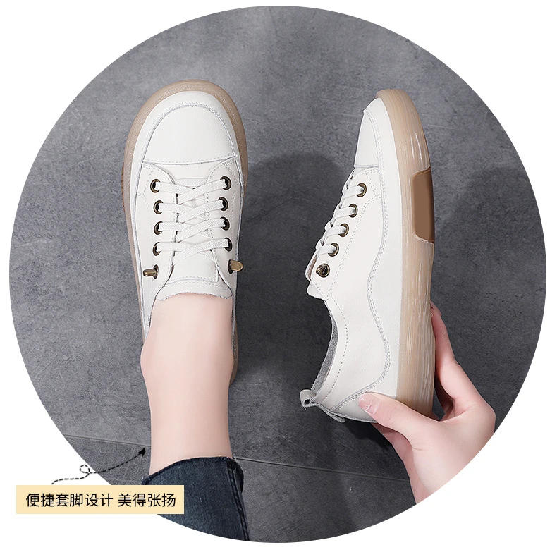 Description Picture 3 of itemGenuine Leather Women Soft Sole Walking Shoes Girl Student Jooging Sneaker White Black Flats Female Casual Skate Trainers Summer