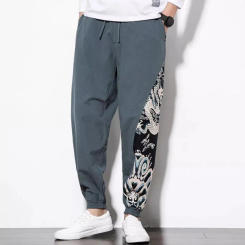 Men's Cotton and Linen Printed Leggings Trousers Chinese Retro Harem Lace Jogging Pants Men's Sports Fitness Hip-hop Pants