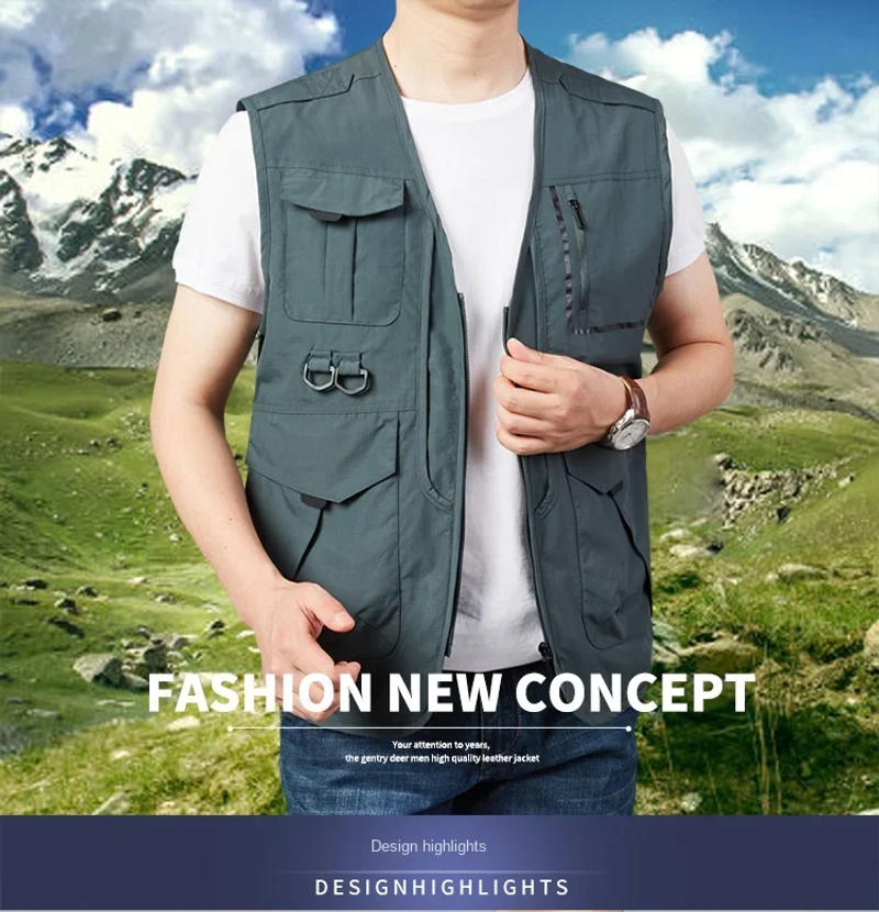 Description Picture 2 of itemSize Waterproof Men Large Hunting Work Multi Pocket Vest MAN Embroidered Tactical Casual Men's Windbreaker Sleeveless Jacket Zip