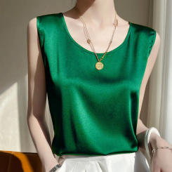 2024 Summer Silk Camis Women's T Shirts Sleeveless Vest Satin Tank Tops Office Elegant Fashion O Neck Champagne BlouseTop Women