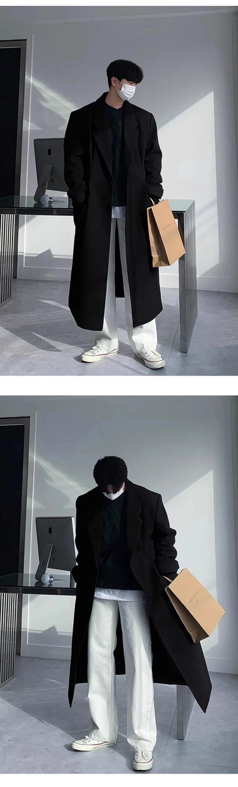 Description Picture 6 of itemIEFB Male Woolen Trench Korean Stylish Lapel Knee Length Solid Color Thickened Men Outerwear Casual Men's Clothing Spring 9C4851