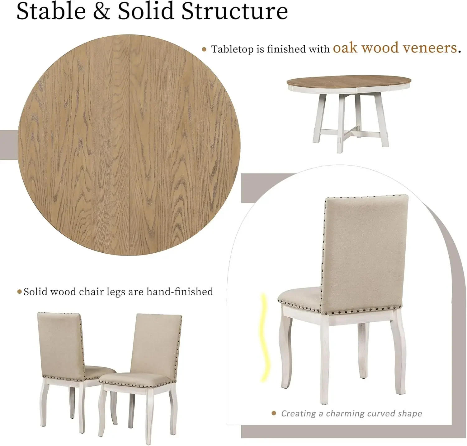 Description Picture 5 of item5-Piece Round Dining Table Set, Wood Farmhouse Round Extendable Dining Table and 4 Upholstered Dining Chairs for 4 Person