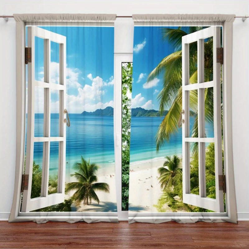 Description Picture 5 of item2pcs Beach Scenery Printed Curtain for Home Decor - Rod Pocket Window Treatment for Bedroom,Office,Kitchen,Living Room,and Study