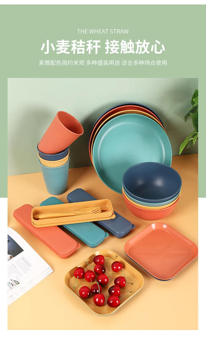 Description Picture 4 of itemWheat Straw Tableware 8 Piece Set Plate Knife Fork Spoon Bowl and Dish Outdoor Portable Tableware Set Camp Cooking Supplies