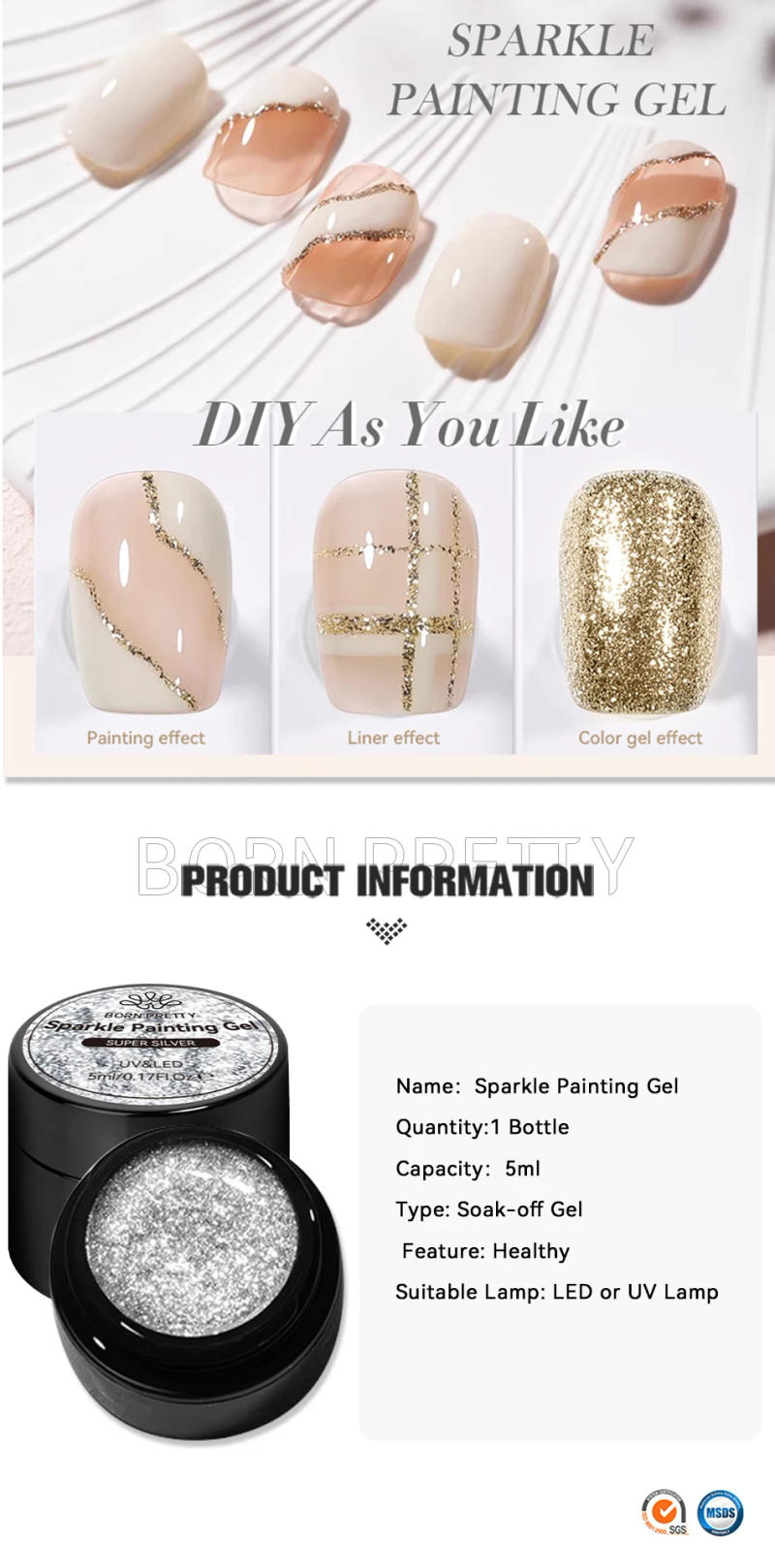 Description Picture 2 of itemBORN PRETTY Sparkle Painting Gel Nail Polish Super Gold Silver Glitter Metallic Liner Painting Chrome French Shine Nail Varnish