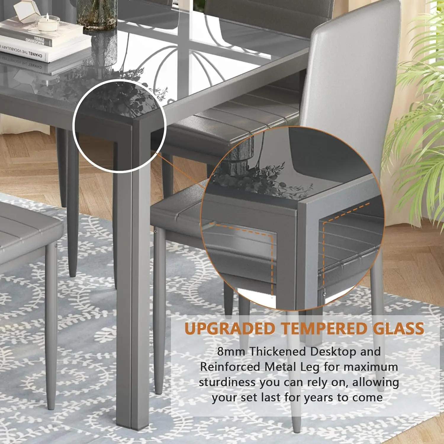 Description Picture 4 of item7 Piece Kitchen 6 Person, Tempered Glass Table and PU Leather Chairs Modern Dining Room Sets for Small Space, Dining Table Set