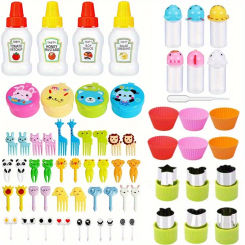 67pcs mini cute food paddles, fruit forks, squeeze bottles, lunch accessories, pancake cups suitable for school bento boxes