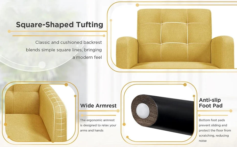 Description Picture 3 of itemMid-Century Accent Chairs, Cozy Armchair Button Tufted Back and Wood Legs for Bedroom/Office/Cafe, Yellow, Accent Chairs