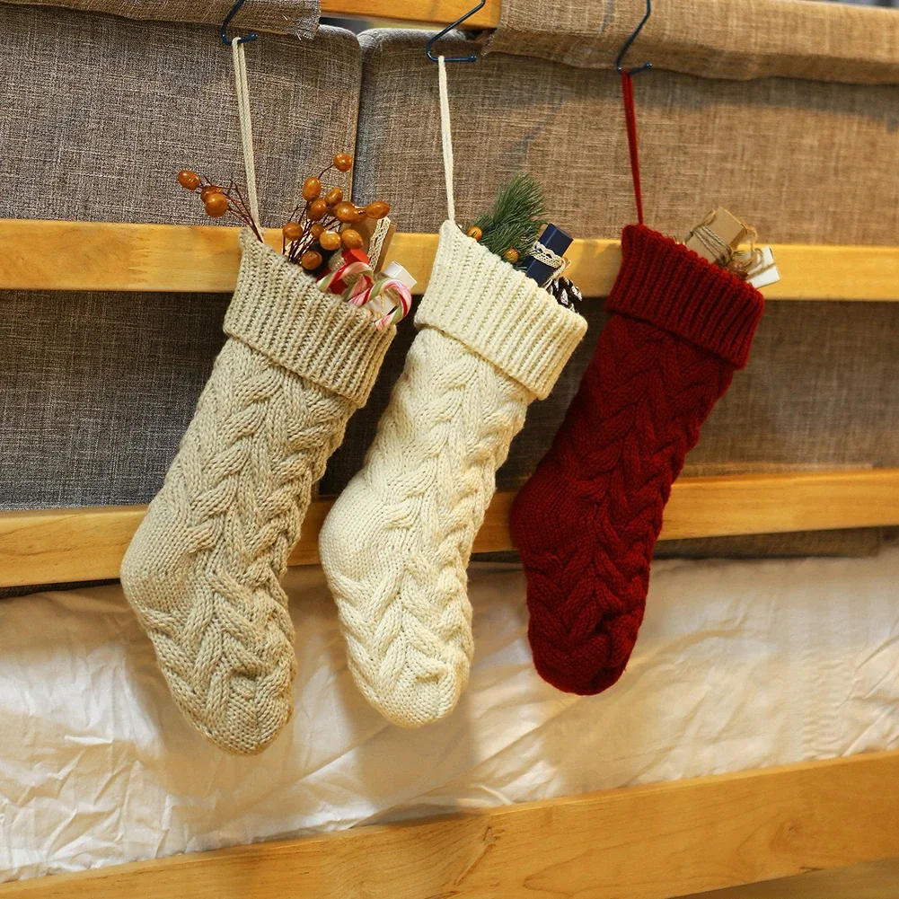 Description Picture 2 of item1pc Christmas Knitted Stockings Decor Festival Gift Bag Fireplace Xmas Tree Hanging Ornaments Red White Christmas Sock
