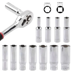 1pc 1/4 Hex Socket Adapter Chromium-vanadium Steel Deep Socket Wrench Head Sleeve For Ratchet Wrench Auto Repair Hand Tools