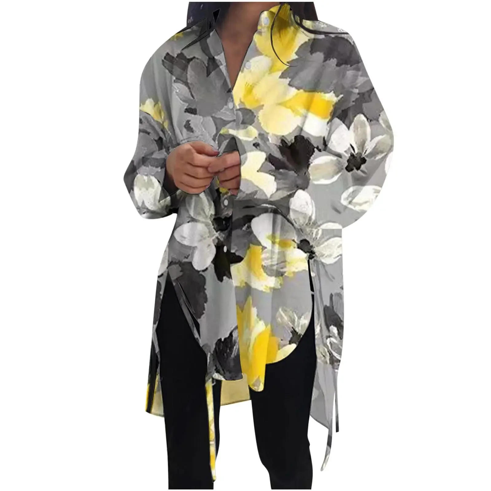 Description Picture 4 of itemStylish Long Sleeve Shirt for Women 2025 Spring Irregular Hem Design Blouse Casual Loose Lace-up Lapel Tops Office Ladies Shirts