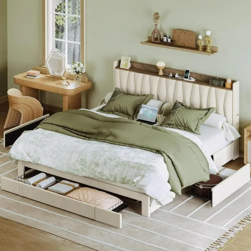 Description Picture 2 of itemKing Size Bed Frame With Storage Headboard And Charging Station, With 3 Drawers, No Box Spring Needed, Bed Frame Queen Size