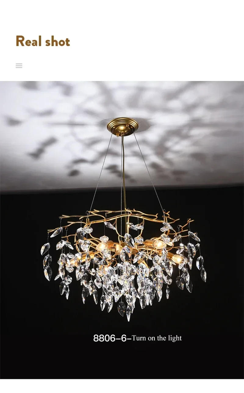 Description Picture 6 of itemTree Branch Round Large Crystal Ceiling Pendant Lamps Modern Gold Bedroom Decorative Pendant Light Luxury Villa Chandelier