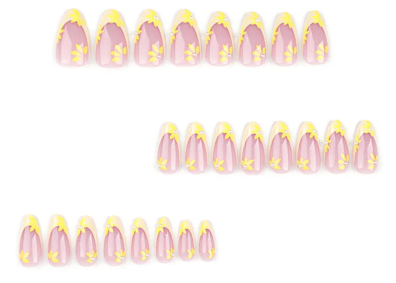 Description Picture 5 of itemYellow Little Flowers Pearl Cute Almond Shape False Nails Simple French Detachable Finished Fake Nails Press on Nails with Glue