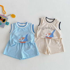 Children's Sports Set 2025 New Summer Boys' Korean Edition Cartoon Breathable Tank Top Trendy Solid Color Shorts Two Piece Set