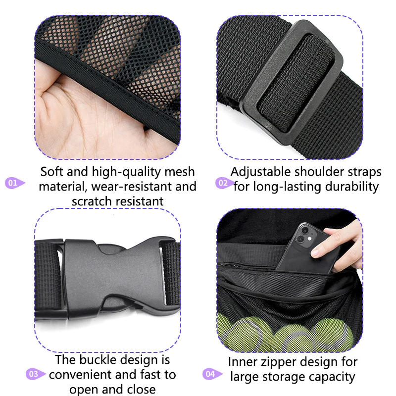 Description Picture 5 of itemTennis Ball Holder Adjustable Tennis Ball Waist Bag Sweatproof Mesh Cloth Ball Pouch Pickleball Training Holding Bag Accessory