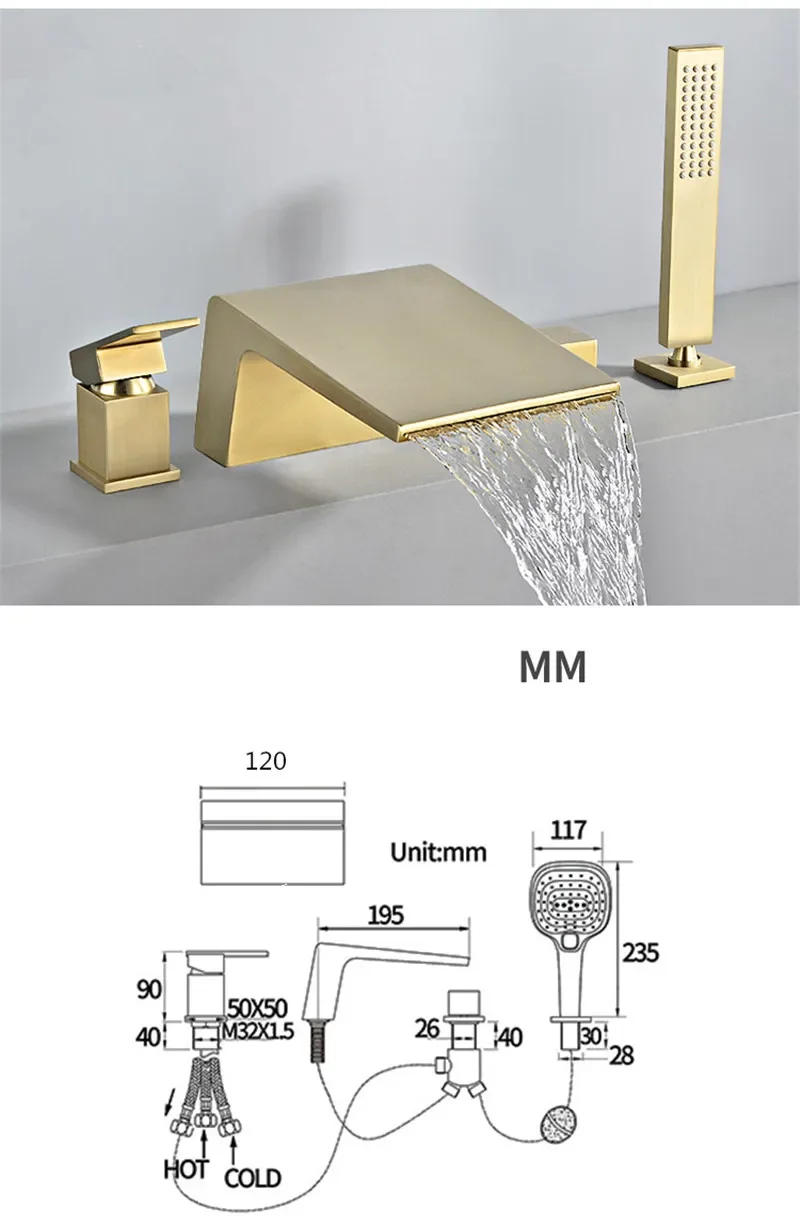 Description Picture 6 of itemBathtub Faucet Widespread Tub Sink Mixer Tap Brushed Gold Brass Basin Bath Shower with Hand shower Head