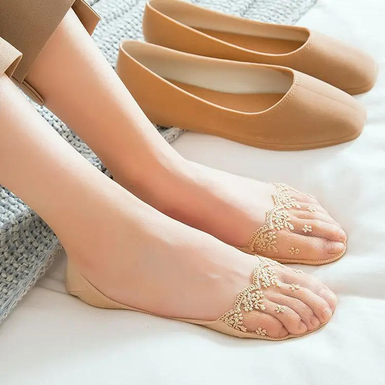 Description Picture 6 of item5 Pairs/set Lace Socks Invisible Mesh Lace Thin Short Boat Sock Sexy Transparent Thin Girls Sock Slippers Silicone Non-slip Sox