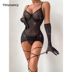 Yimunancy Sequin Transparent Lingerie Set with Gloves Women Mesh 3-Piece Brief Intimates Sexy Erotic Underwear Set Nightwear
