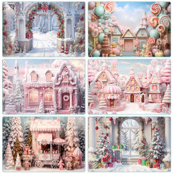 Christmas Candy House Photography Backdrop Pink Castle Snow Landcape Baby Portrait Family Party Background Photo Studio