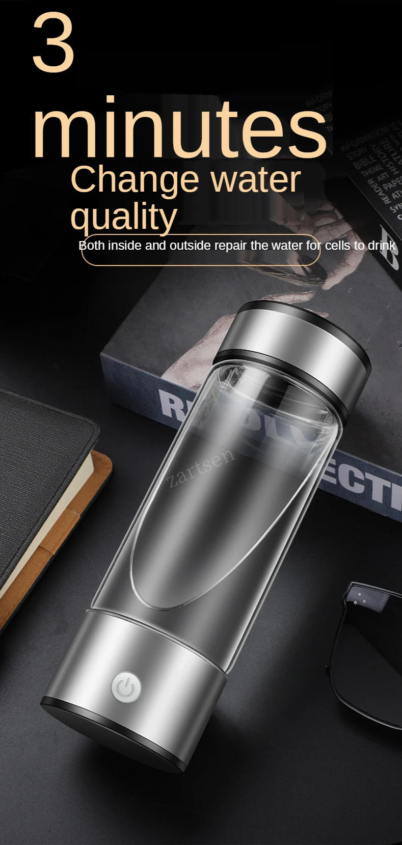 Description Picture 2 of itemHydrogen Rich Water Generator Japanese Alkaline Energy Glass bottle Anion Water Ionizer Anti Aging USB H2 Healthy smart cup