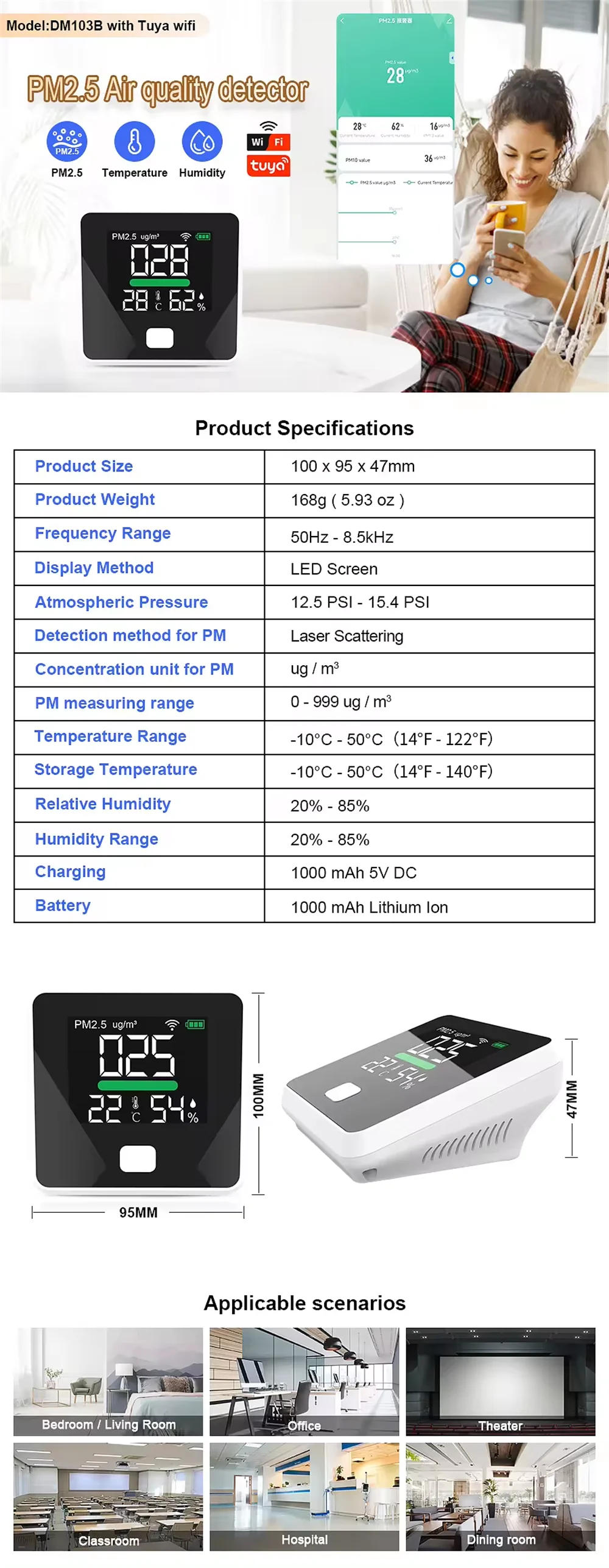 Description Picture 2 of itemDM103B Tuya WiFi PM2.5 Air Quality Monitor Portable Mini Digital Gas Detector Temperature Humidity Sensor PM 2.5 Analyzers Meter