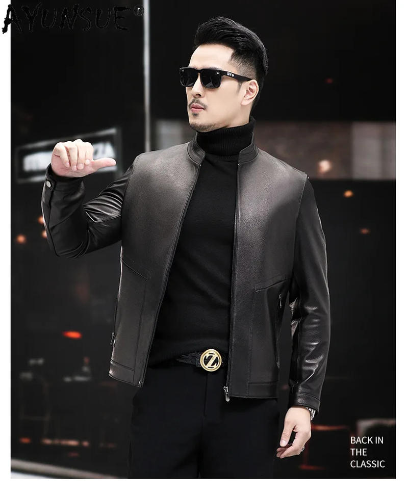 Description Picture 5 of item2023 High Quality Genuine Goatskin Leather Jacket for Men Clothing Standing Collar Real Leather Coat Man Leather Jackets