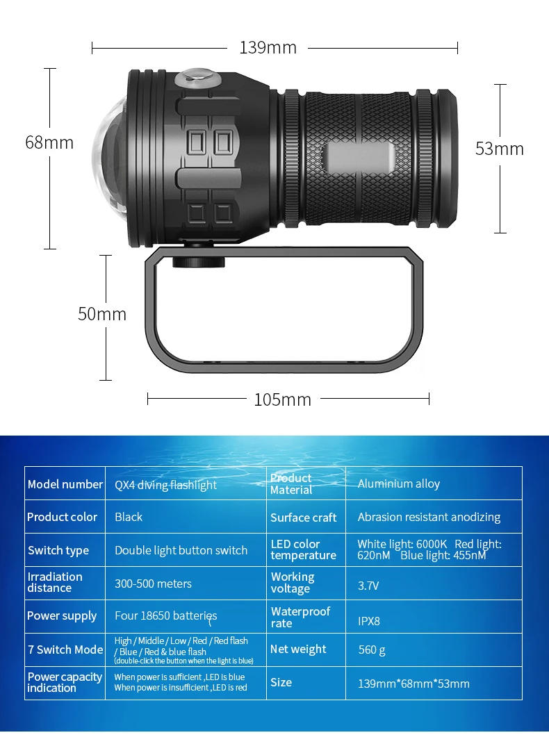 Description Picture 3 of itemIPX8 Scuba Diving Flashlight Underwater 80m Powerful 5000Lumen Diving Flashlight Photography COB dive Torch Lamp dive light
