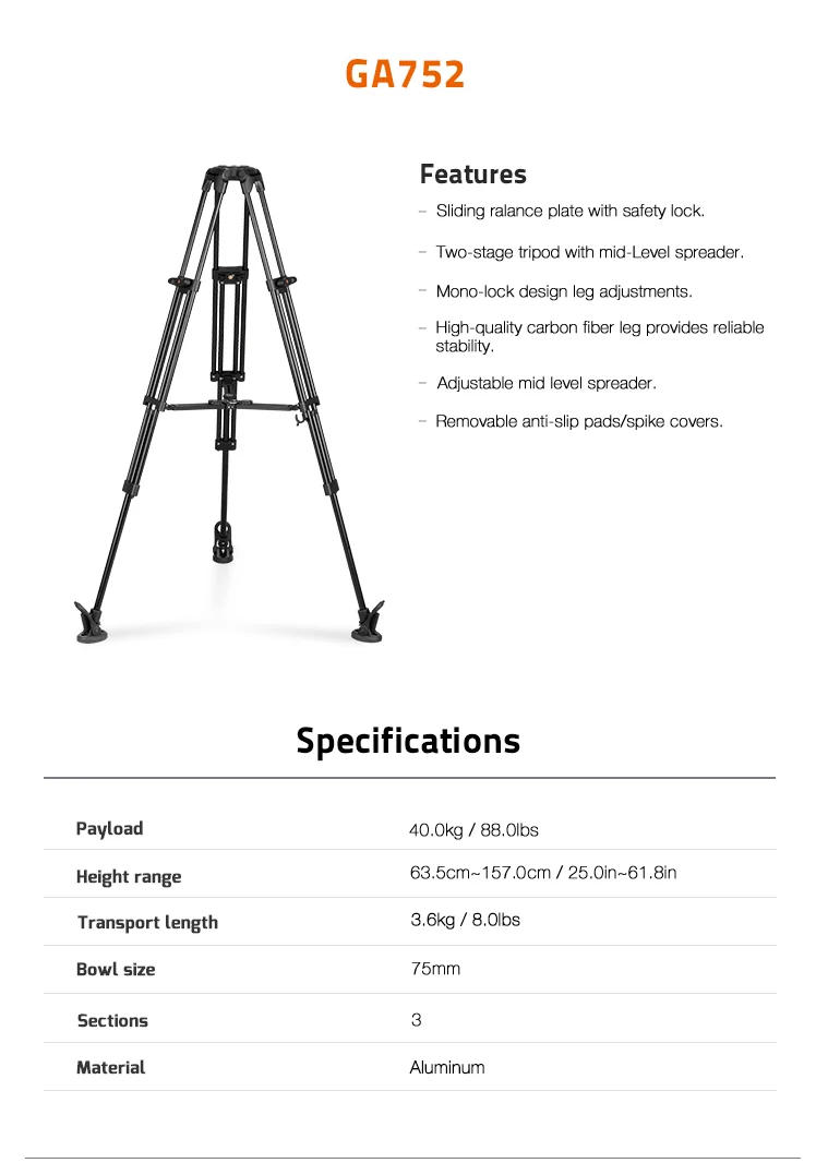 Description Picture 5 of itemE-Image EG08A2 2-Stage Aluminum Tripod System with GH08 Fluid Head (75mm)