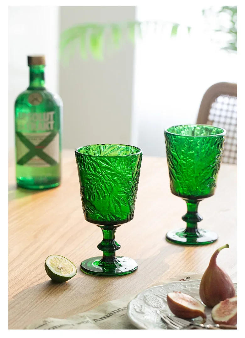Description Picture 2 of item1 Piece Vintage Embossed Green Glasses Goblet Heavy Thick Dessert Wine Glasses Goblets Stemware Side Water Whiskey Glass Cup