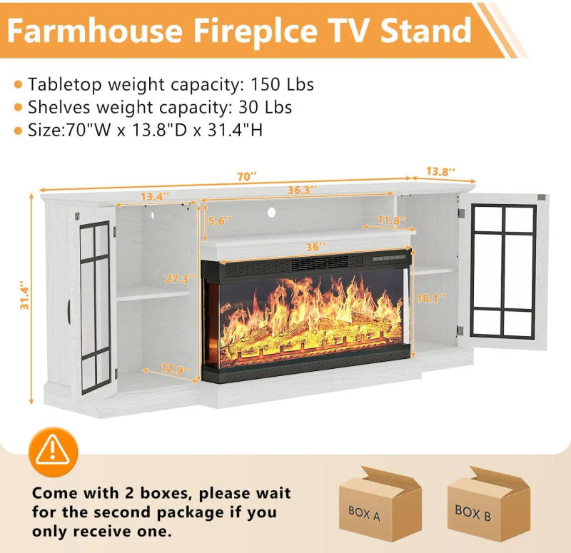 Description Picture 4 of item70 Inch TV Stand 3-Sided Glass TV Stand with 36 Inch Fireplace for TVs up to 80" Media Entertainment Center Console Table White