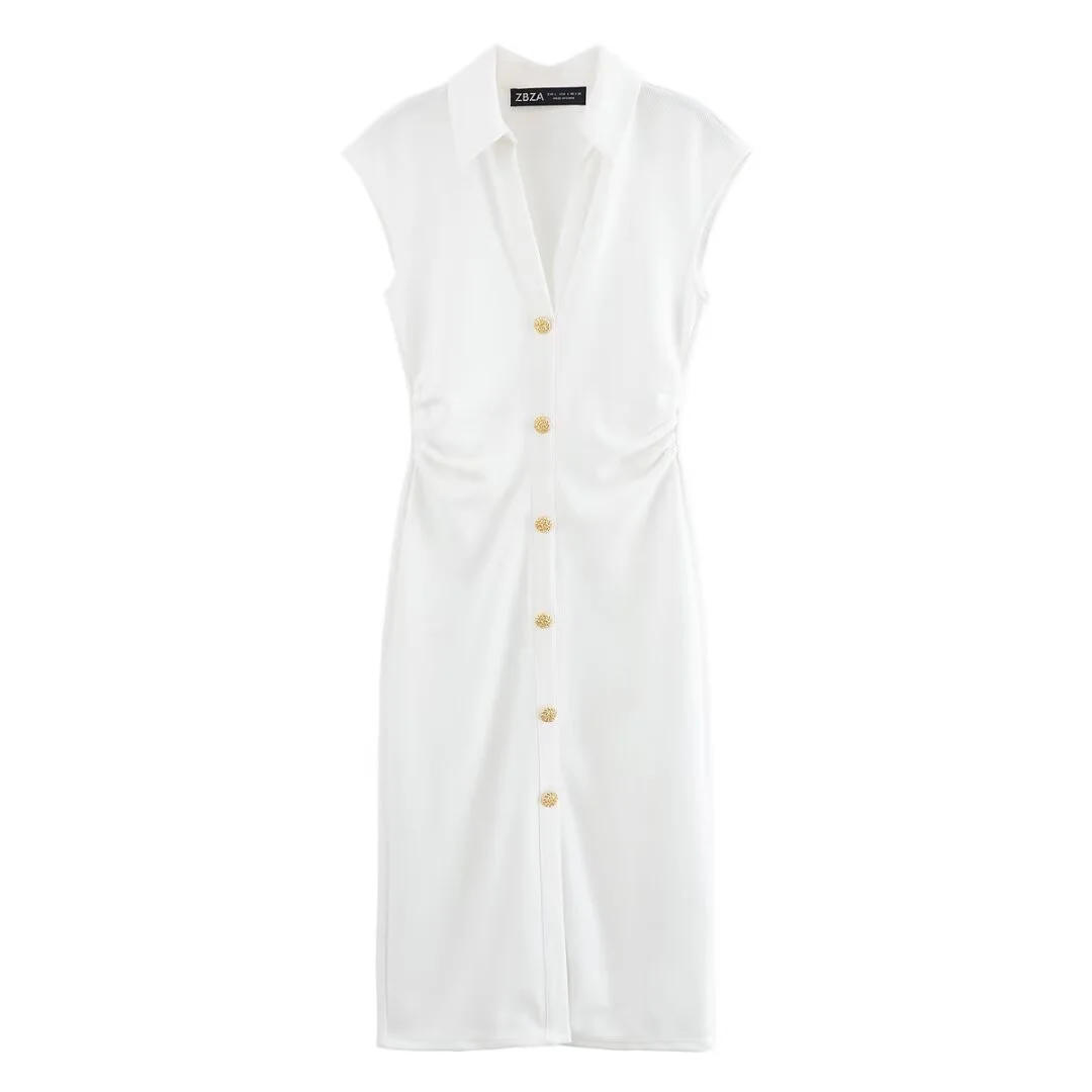 Description Picture 4 of itemTRAF Dress for Women Fashion Summer New Fold Sleeveless V-neck Single Breasted Midi Dresses French Chic Female Evening Clothing