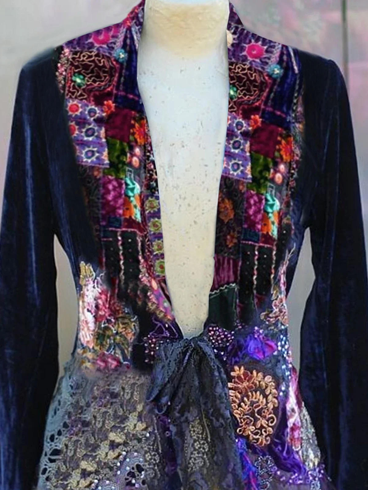 Description Picture 4 of itemWomen's Velvet Jacket 2025 Contrast Chic Buttons Vintage Patchwork Guipure Lace Bowknot Asymmetric Long Sleeve Loose Top