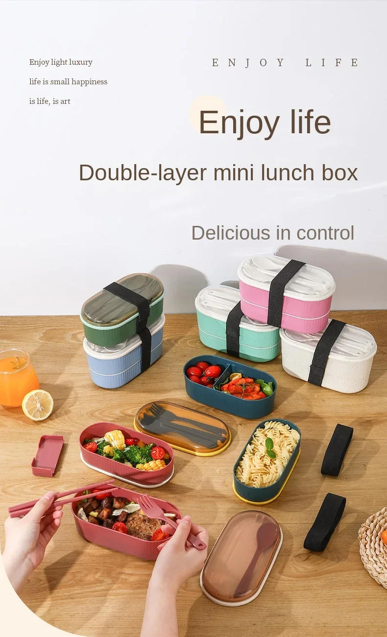Description Picture 2 of itemDouble Layer Portable Lunch Box with Fork and Spoon Microwave Bento Boxes Dinnerware Set Food Storage Container
