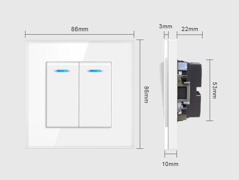 Description Picture 3 of itemNYWP Luxury Crystal Tempered Glass Panel 1 Gang 2 Way Light Switch On / Off Wall Switch With LED Indicator 16A AC 250V