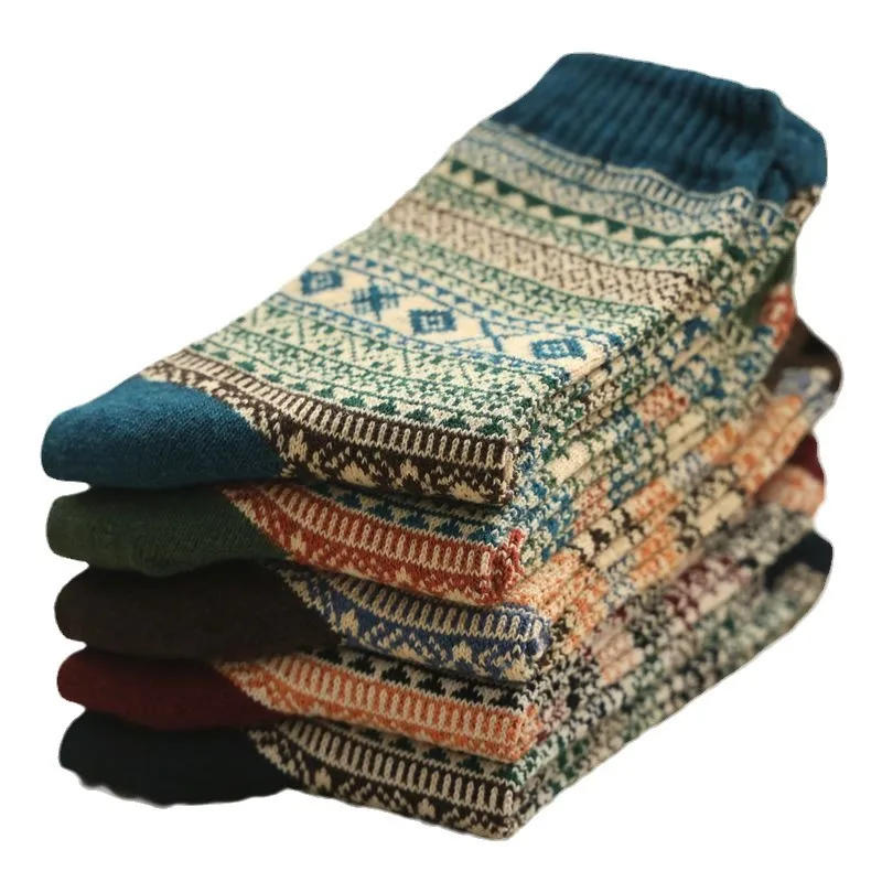 Description Picture 5 of item5pairs Soft Comfortable Medium Tube Socks Summer Thin Thick Line Rhombus Ethnic Style Stockings