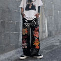 Retro Print Graffiti Straight Pants Loose Denim Trousers Street Casual Wide Leg Men Pants Hip Hop Cargo